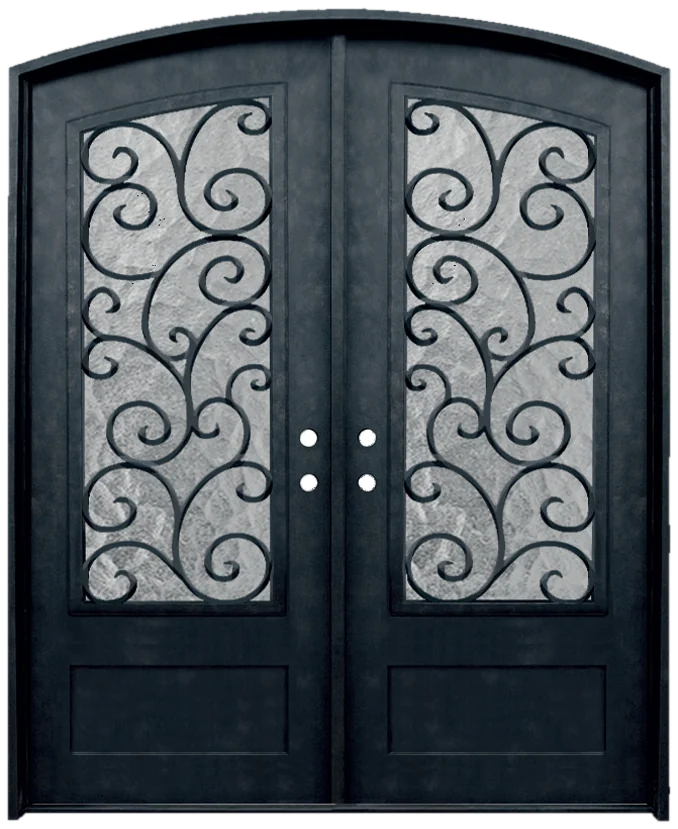 Artisan double iron door with hand-scrolled ironwork